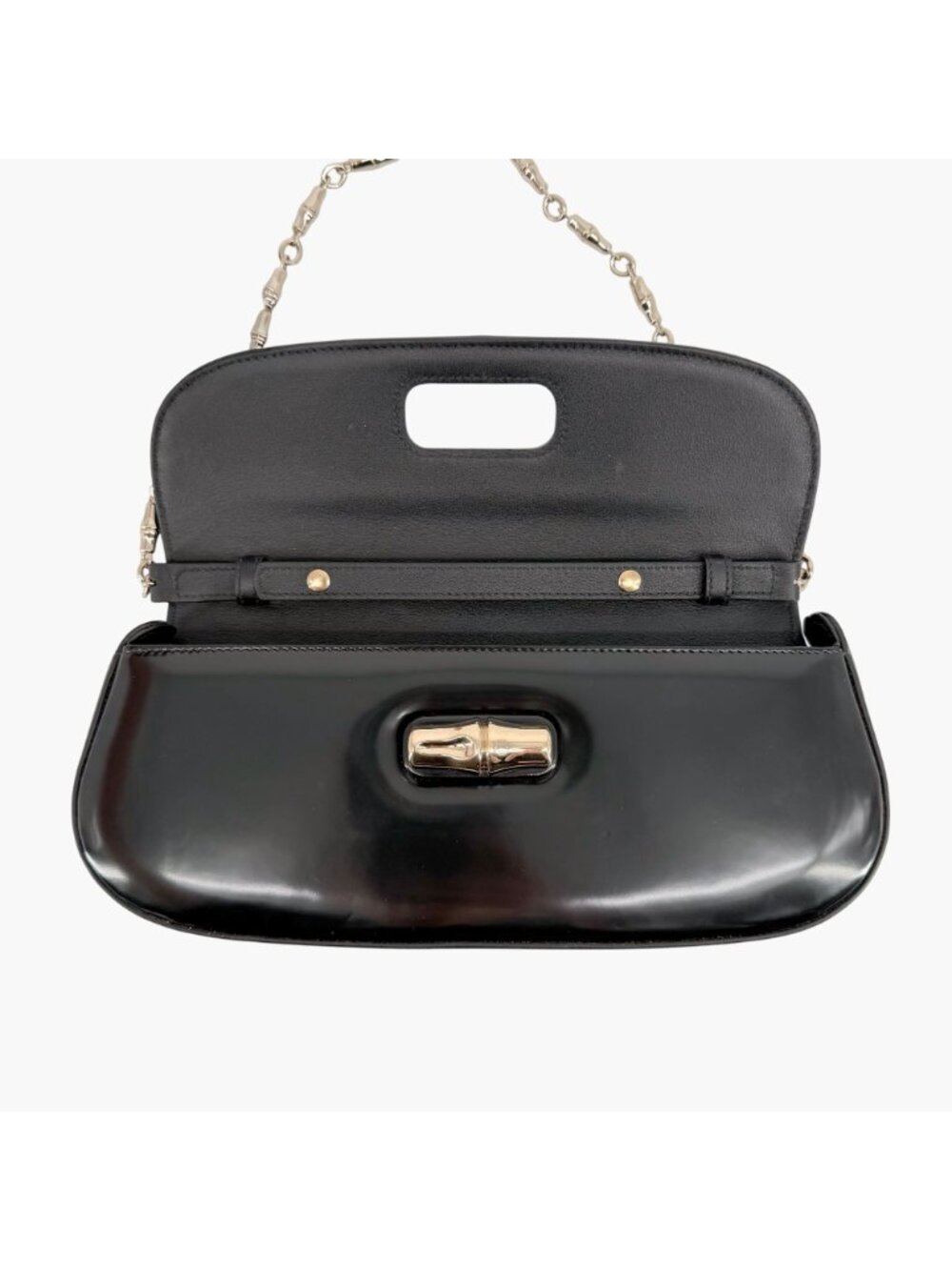 Gucci Bamboo Night Chain Turnlock Shoulder Bag Clutch Black Leather Small - Picture 11 of 15